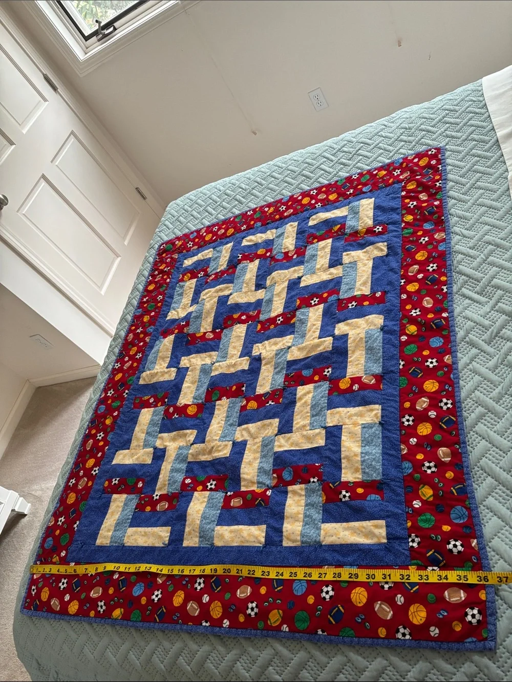 Handmade Sports Patchwork Quilt - Red, Blue, Yellow